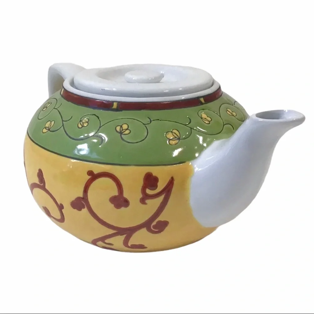 Vintage Pier 1 Porcelain Teapot Hand-Painted Floral Vine Design Green Yellow Red